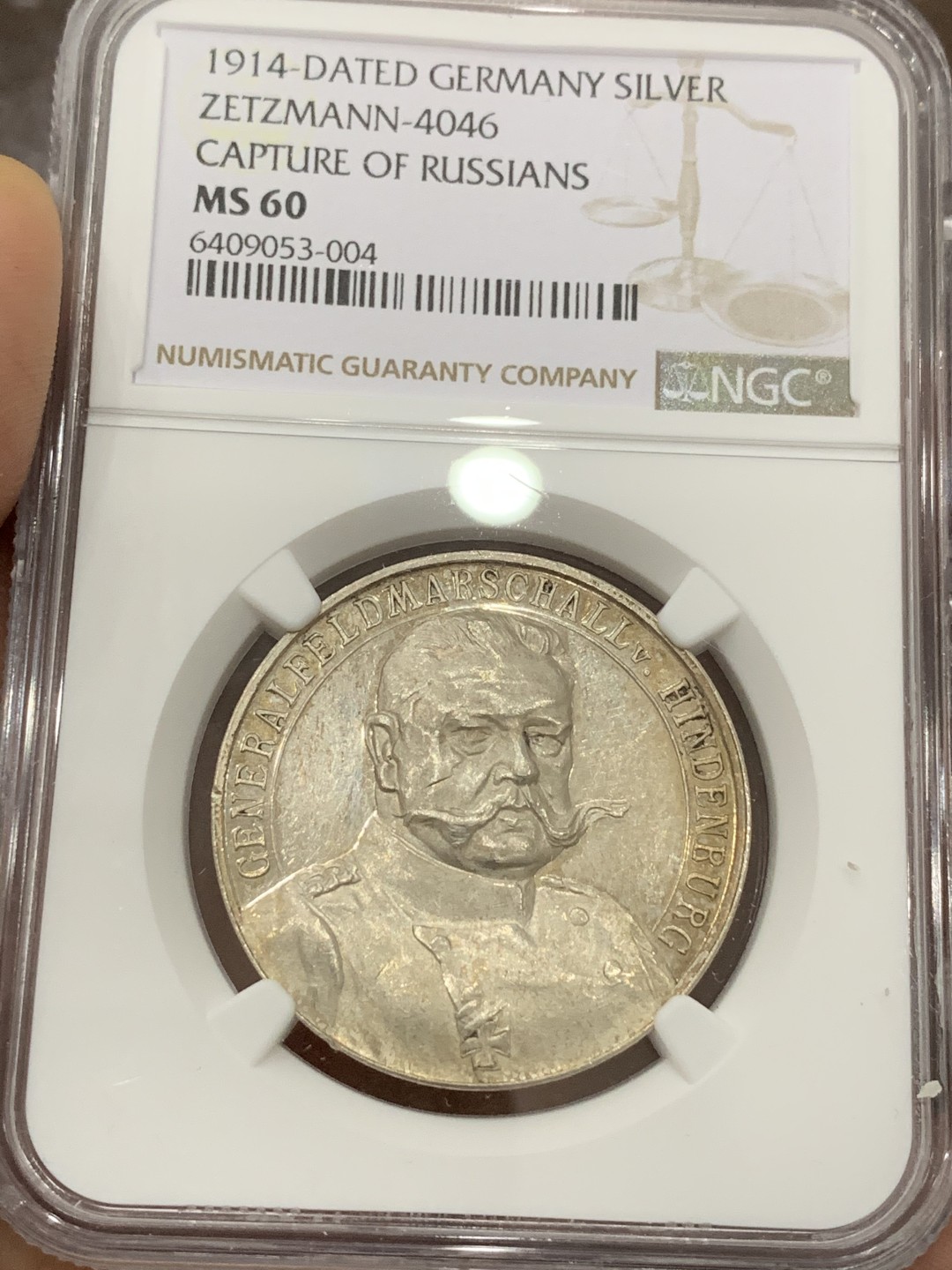 《竞宝斋》第98场-本周日，周一2场连拍（全场不限金额包邮） NGC MS60 德国 1914 卡尔哥茨设计一战兴登堡东线大捷纪念银章（马祖里湖基恩战役大胜）俘获80000俄军 非常稀少