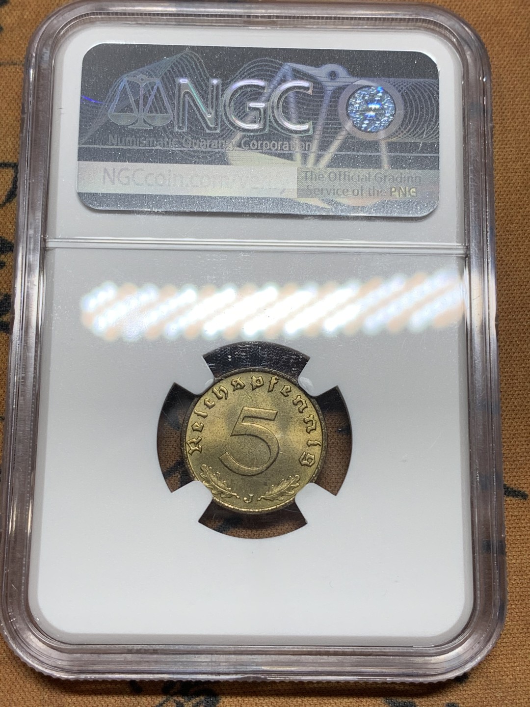 《竞宝斋》第98场-本周日，周一2场连拍（全场不限金额包邮） NGC-MS64 1937J 帝国5芬尼。金光闪闪的鹰徽辅币，高分不易