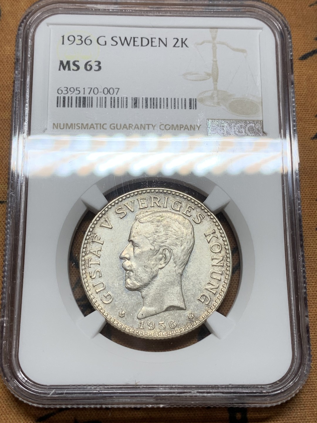 《竞宝斋》第98场-本周日，周一2场连拍（全场不限金额包邮） 第三名 NGC-MS63 瑞典1936年 古斯塔夫五世 2克朗大银币 少见品种