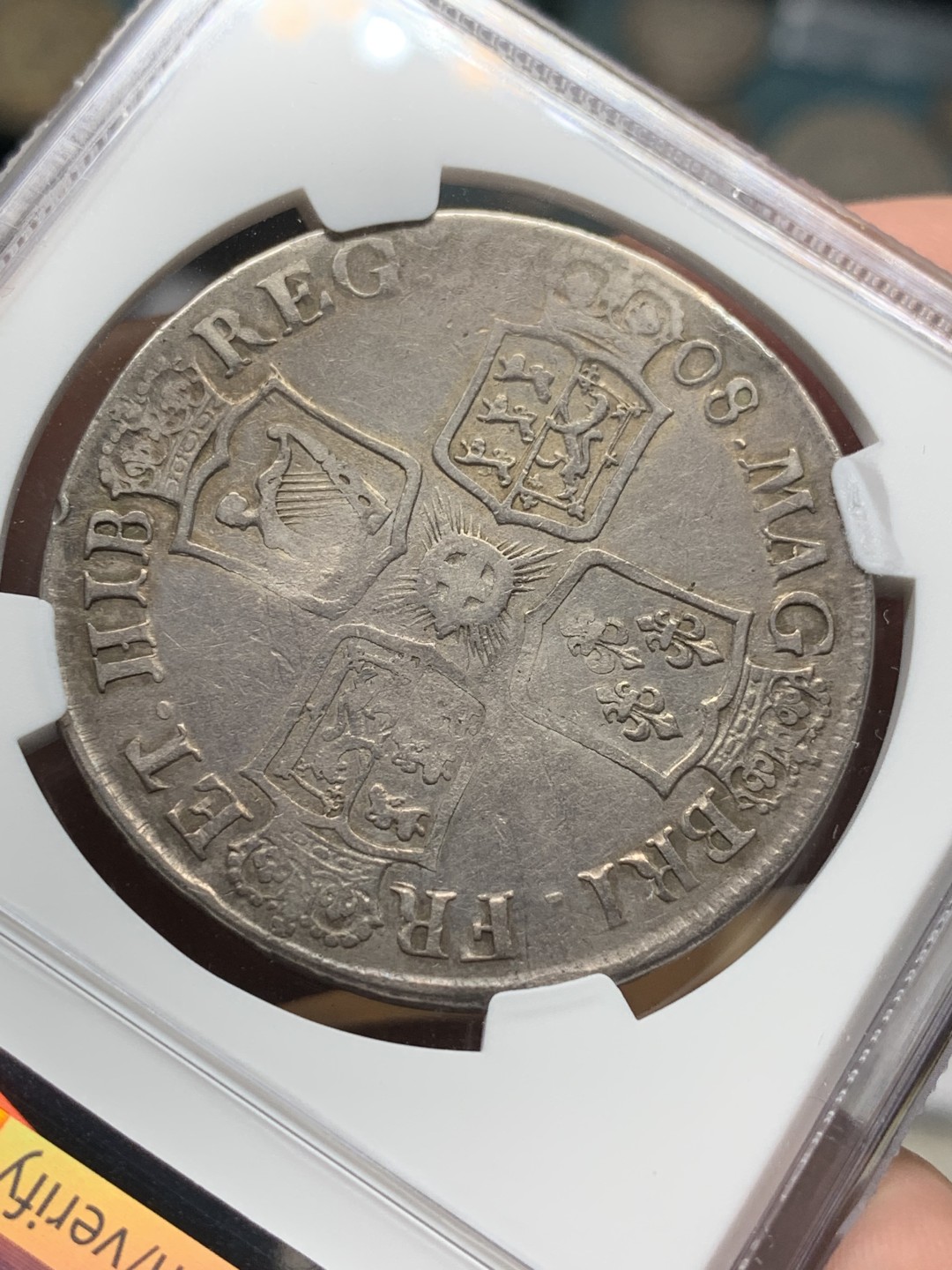 《竞宝斋》第98场-本周日，周一2场连拍（全场不限金额包邮） NGC-VFD 英国1708年E版安妮女王1克朗大银币 爱丁堡厂少见！持续涨价品种！