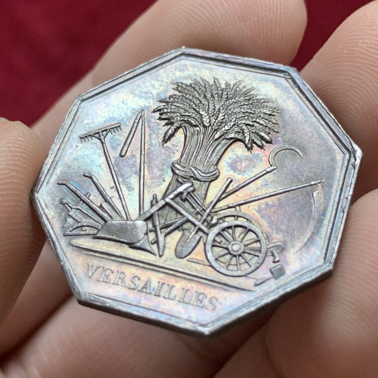 《竞宝斋》第98场-本周日，周一2场连拍（全场不限金额包邮） 法国农业八角银代币 原味好品 蜜蜂铭银标 29毫米 11.5克