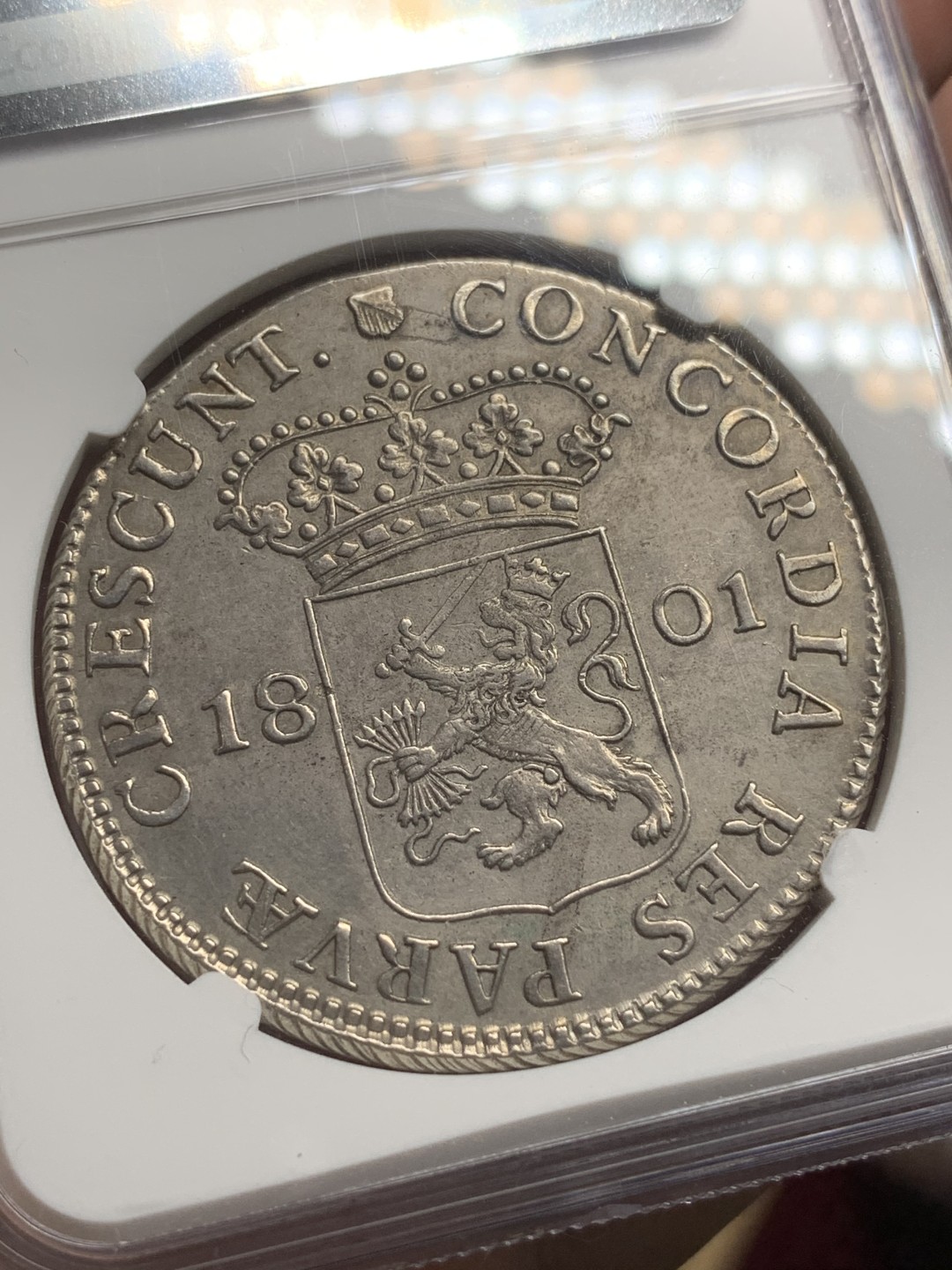 《竞宝斋》第98场-本周日，周一2场连拍（全场不限金额包邮） NGC AUD 荷兰 1801 乌特勒支 站人武士 1杜卡特大银币 双面全深打