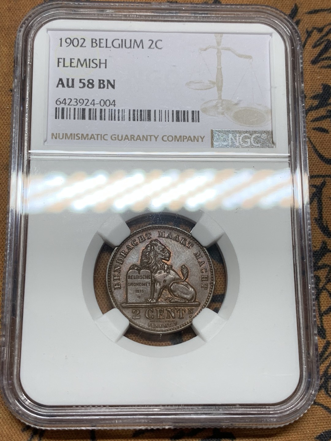 《竞宝斋》第98场-本周日，周一2场连拍（全场不限金额包邮） 唯一冠军分 NGC-AU58 比利时1902年 雄狮2分铜币 非常少见