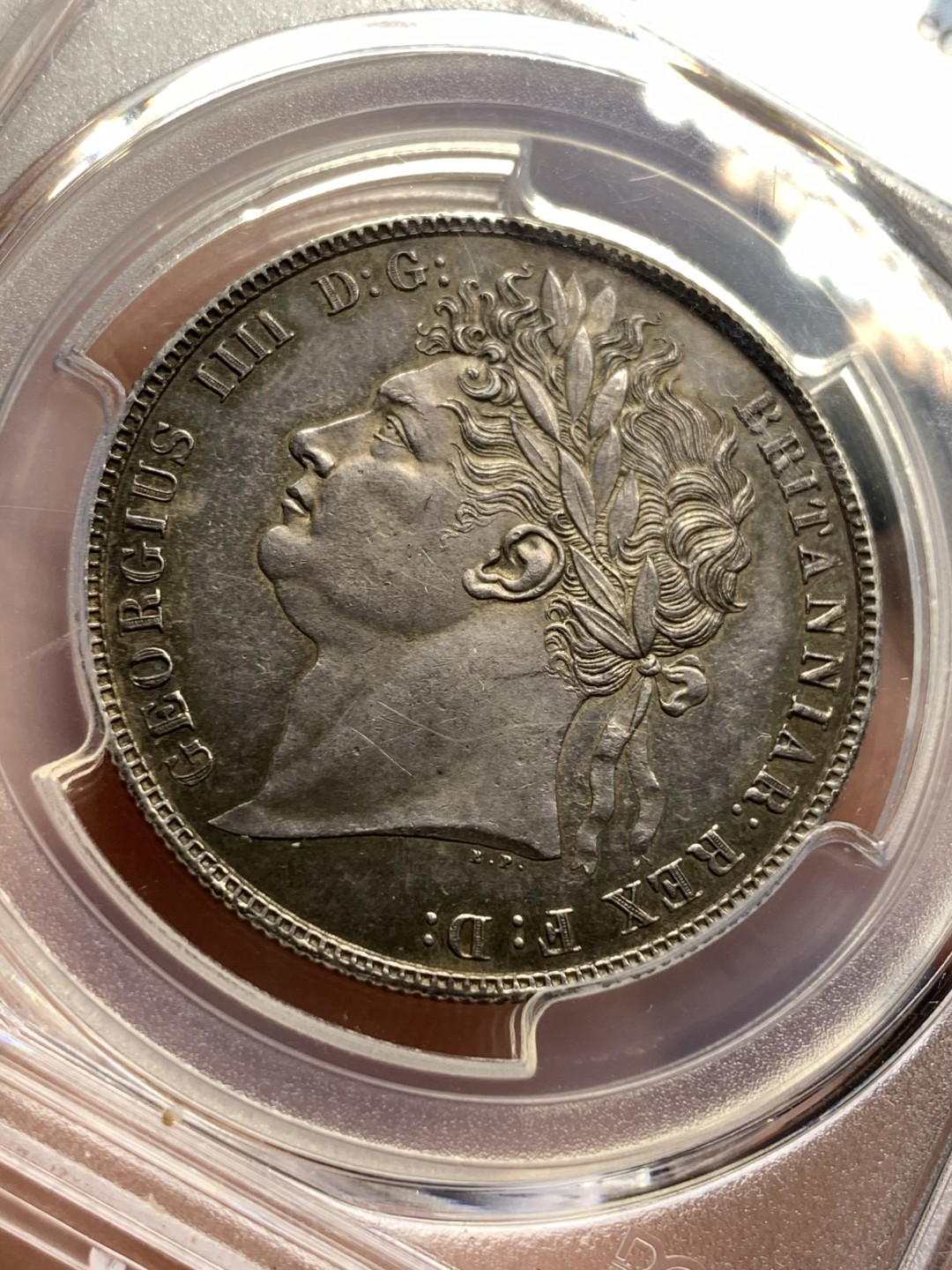 《竞宝斋》第98场-本周日，周一2场连拍（全场不限金额包邮） PCGS AU58 英国 1820年 乔四半克朗 银币 老五彩包浆 包浆币给分不容易