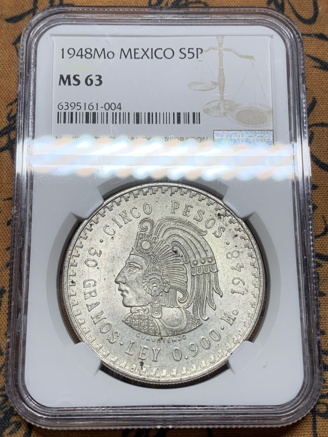 《竞宝斋》第98场-本周日，周一2场连拍（全场不限金额包邮） NGC-MS63 墨西哥1948年 印第安人头像 5比索大银币 原光好品