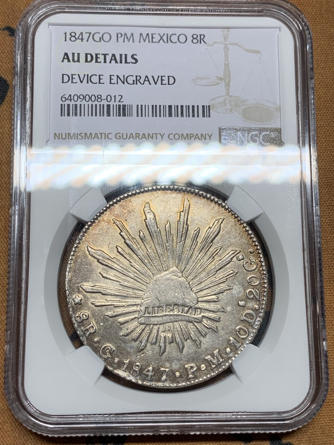 《竞宝斋》第98场-本周日，周一2场连拍（全场不限金额包邮） NGC AU评级  墨西哥1847年 早期 花边鹰洋 银币 底板深打 细节好