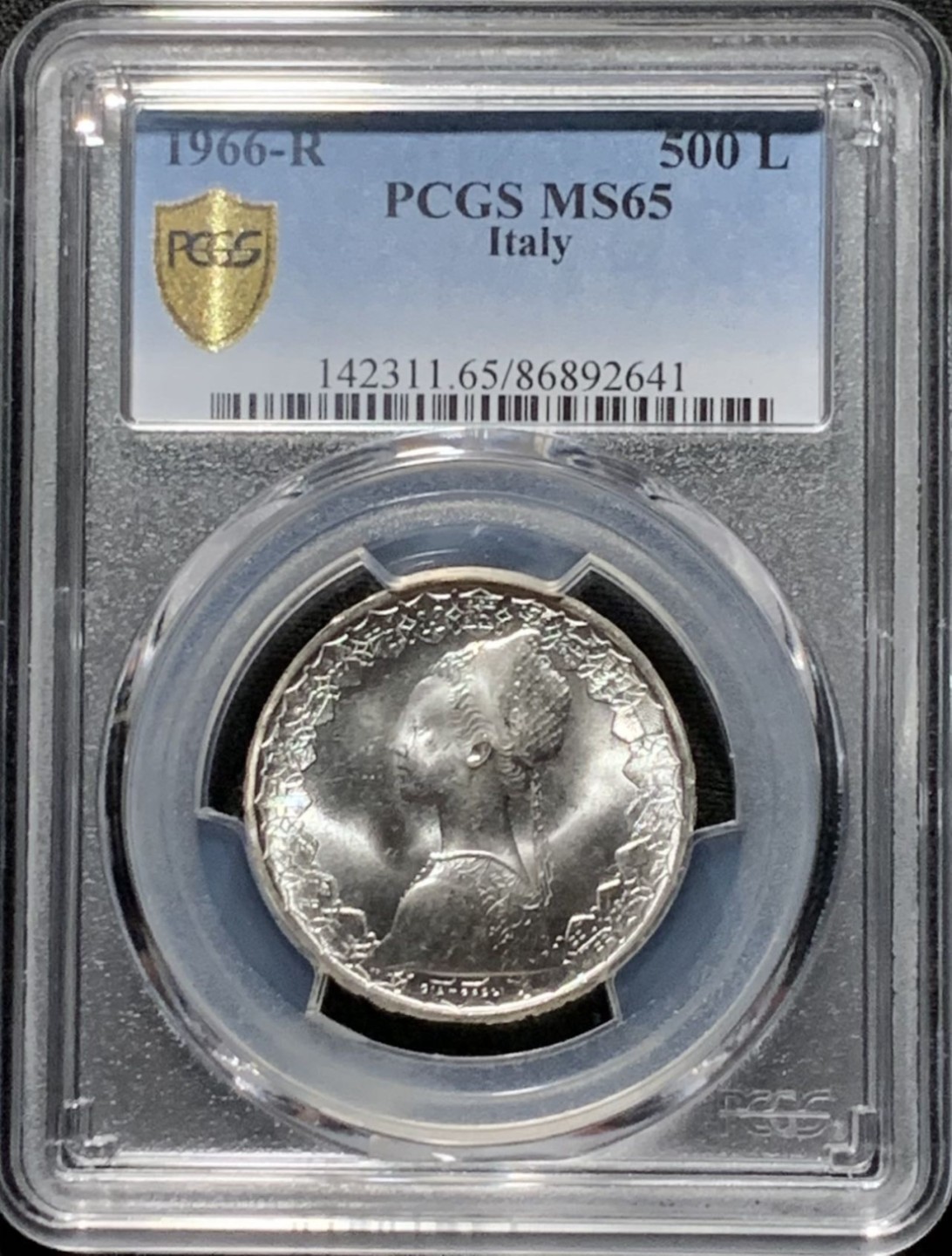紫瑗钱币——第210期拍卖 意大利 1966年 少女与帆船 500里拉 银币 PCGS MS65