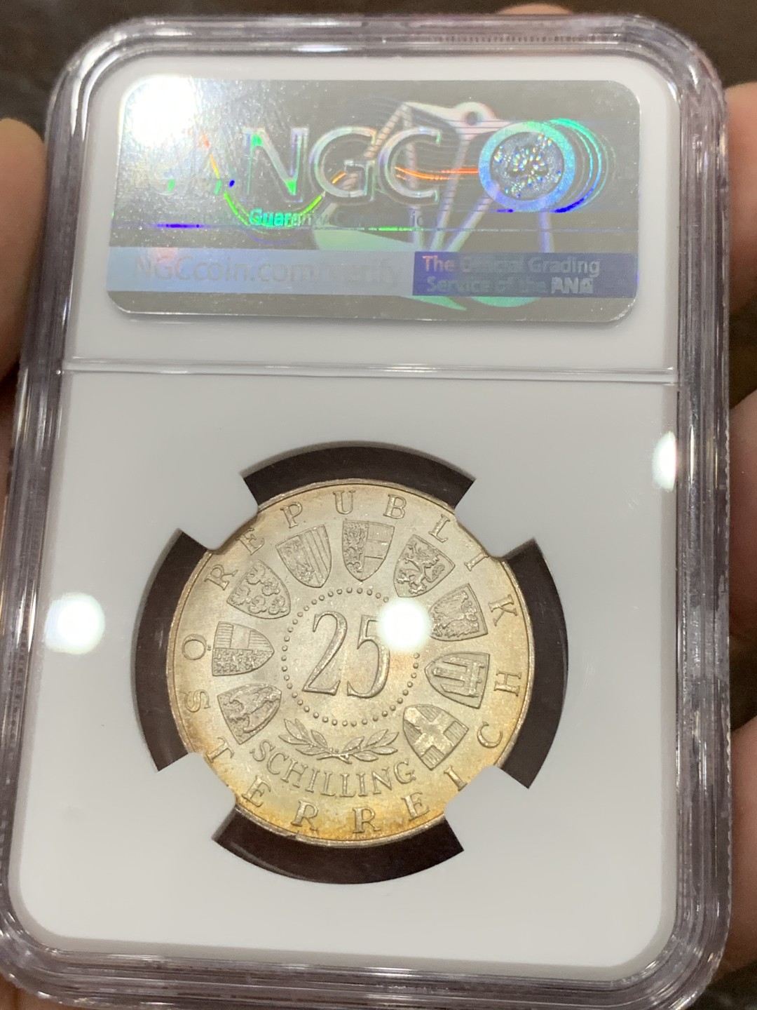 《竞宝斋》第98场-本周日，周一2场连拍（全场不限金额包邮） NGC MS65 奥地利 1955年 国家歌剧院 25先令 银币 炫金色包浆 非常漂亮