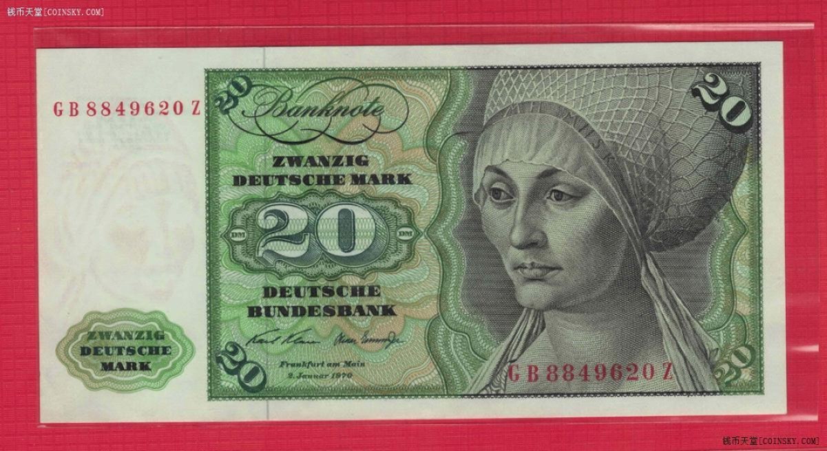 德国(联邦德国 西德)1970年20马克 P-32a 欧洲纸币 实物图 UNC