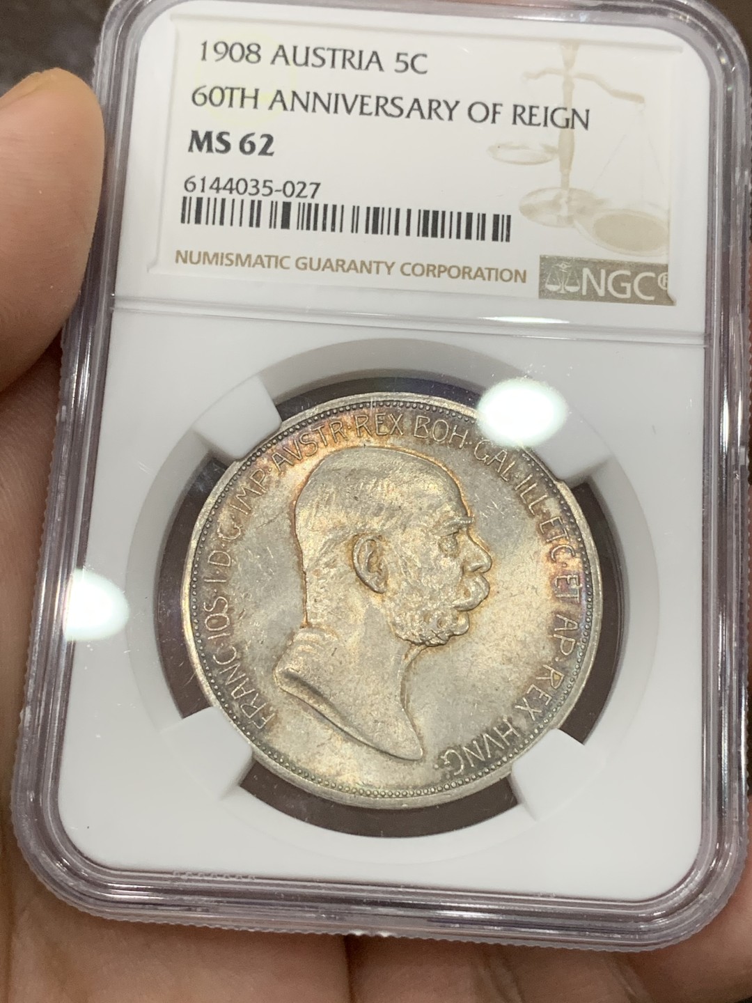 《竞宝斋》第98场-本周日，周一2场连拍（全场不限金额包邮） NGC-MS62 1908年 奥匈帝国 弗朗兹.约瑟夫60大寿纪念大银，环彩包浆，转光完美。奔跑的拿花女神