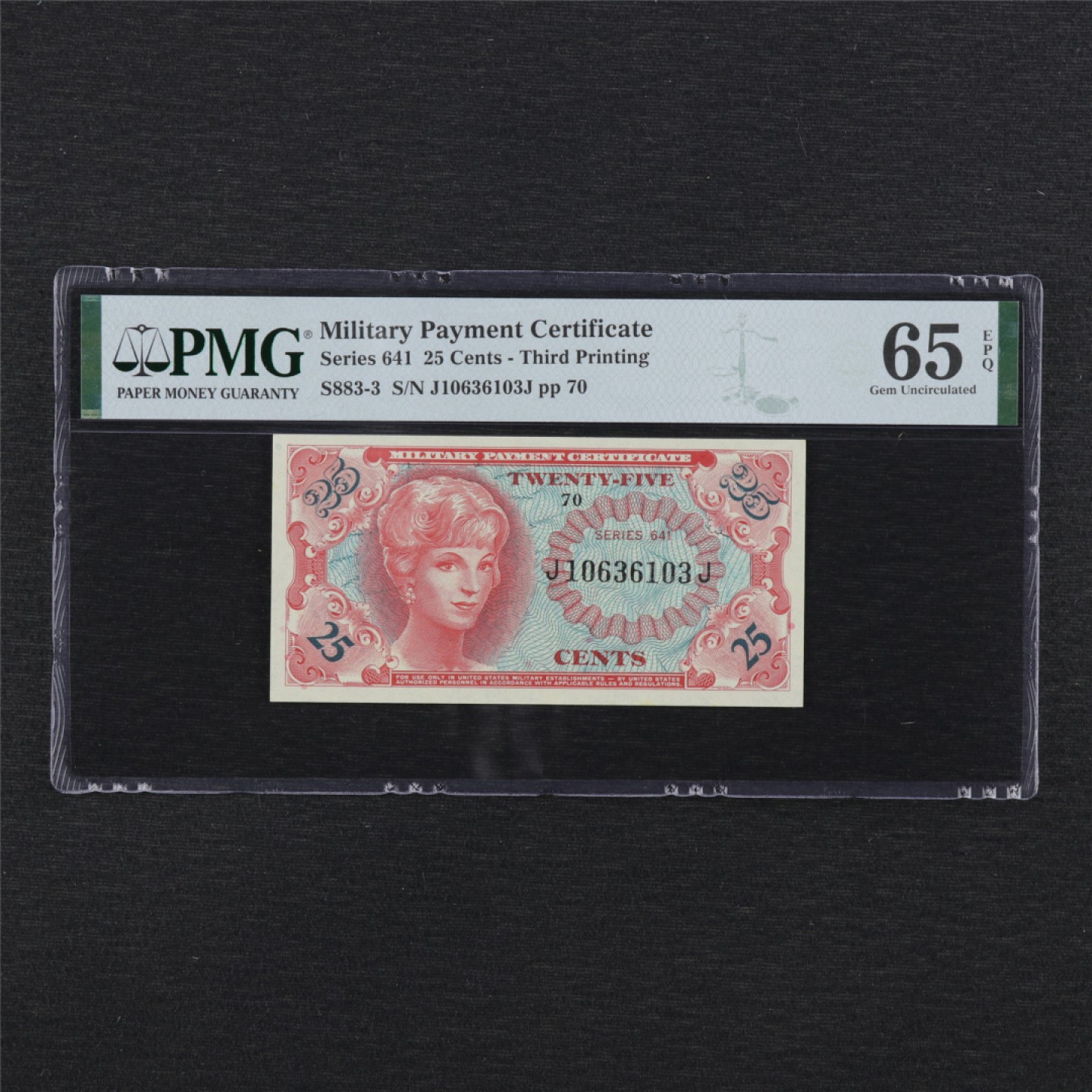 【亘邦集藏】第132期拍卖 1965年 美国军票25美分 65EPQ  10636103