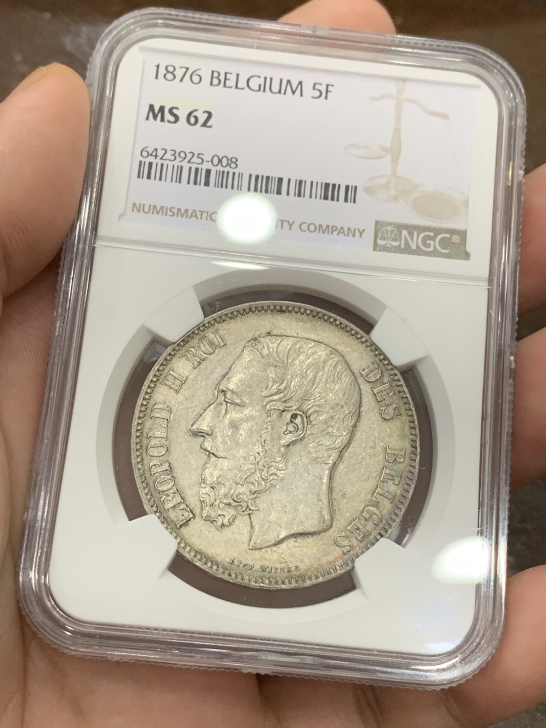 《竞宝斋》第98场-本周日，周一2场连拍（全场不限金额包邮） NGC-MS62 比利时1876年 利奥波德二世 5法郎大银币 这样的品种也是越来越少了