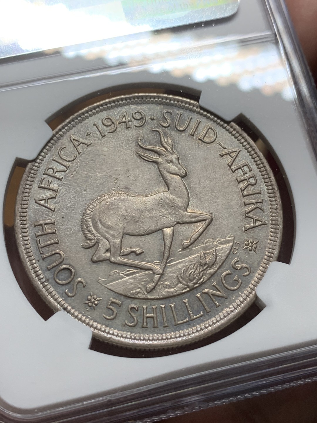 《竞宝斋》第98场-本周日，周一2场连拍（全场不限金额包邮） NGC-UNC 南非1949年 乔六5先令大银币 高银版 28.2克 80%银