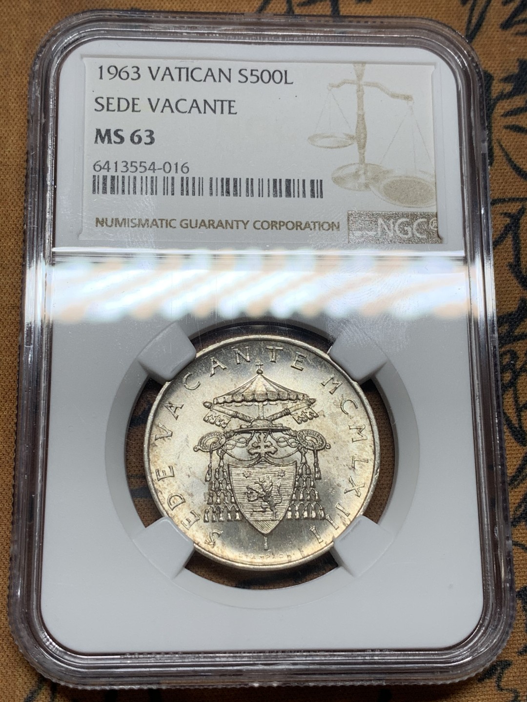 《竞宝斋》第98场-本周日，周一2场连拍（全场不限金额包邮） NGC MS63梵蒂冈1963年教皇缺位500里拉银币