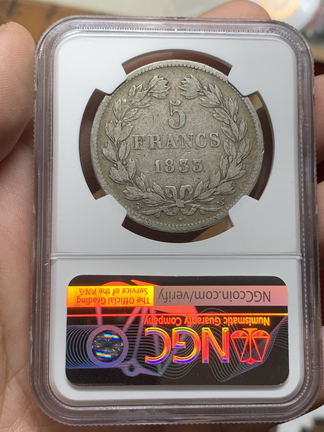 《竞宝斋》第98场-本周日，周一2场连拍（全场不限金额包邮） NGC-VF25 法国1833-W年 路易斯飞利浦一世5法郎大银币 原味好品 别看分数低 这也是第五名 早期年份出分不易