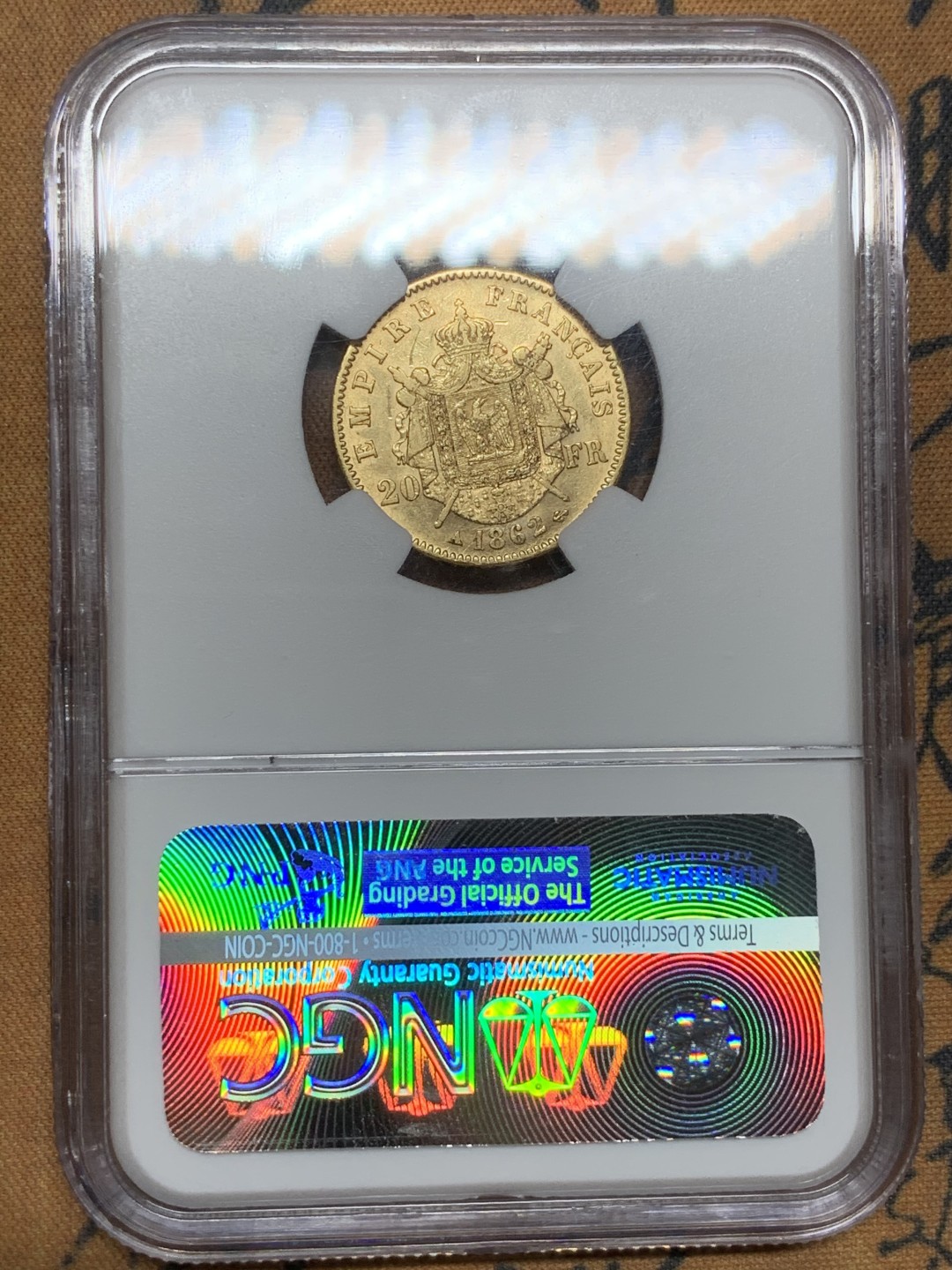 《竞宝斋》第98场-本周日，周一2场连拍（全场不限金额包邮） NGC-AU58 1862年法国拿破仑三世20法郎金币 光度和高点都不错的小金币