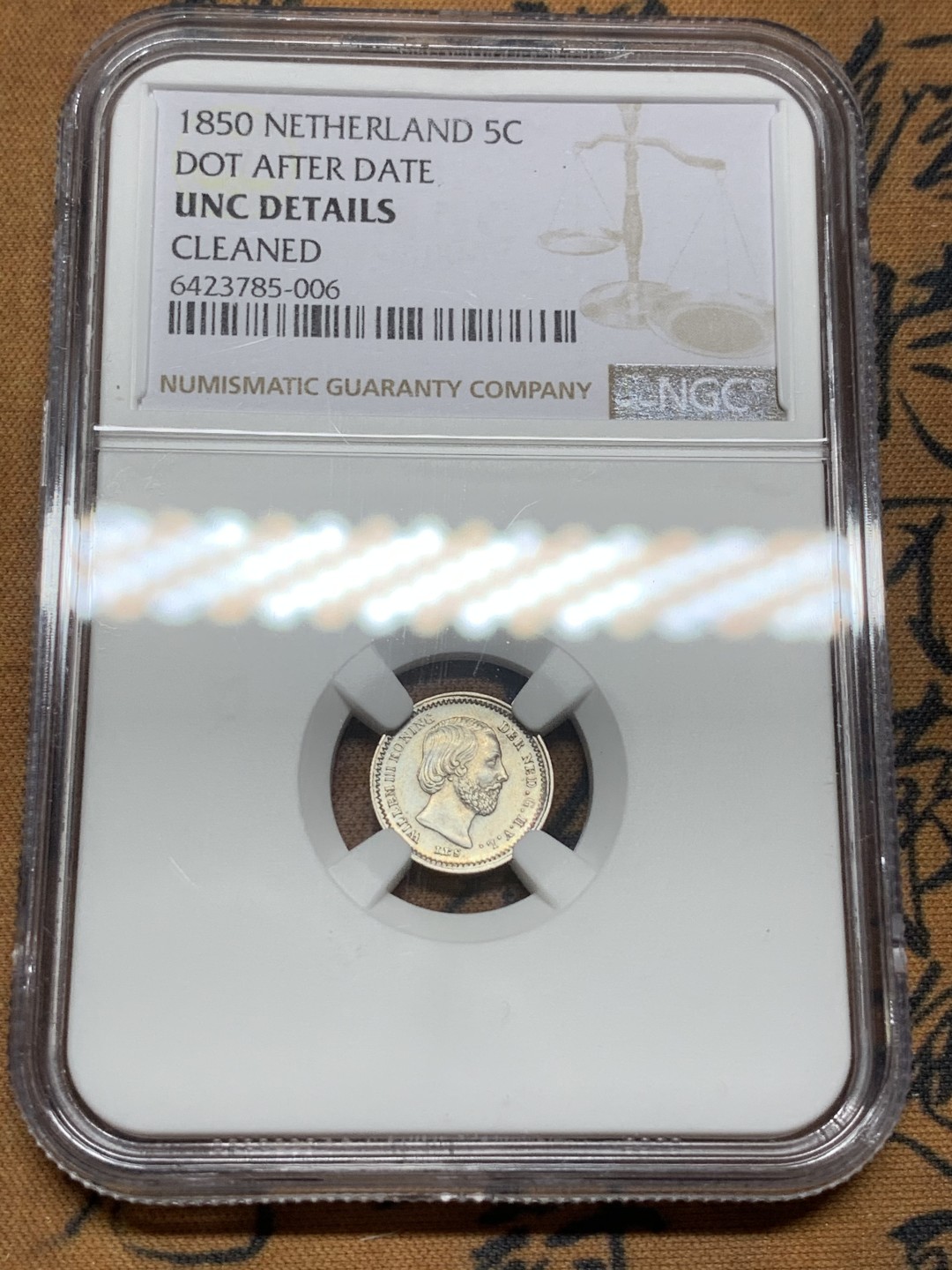 《竞宝斋》第98场-本周日，周一2场连拍（全场不限金额包邮） NGC-UNC 荷兰1850年 威廉三世 5分银币 虽然没出分 但是能得到这样的品相也可以收藏了 辅币普遍磨损严重