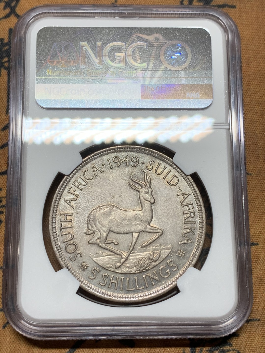 《竞宝斋》第98场-本周日，周一2场连拍（全场不限金额包邮） NGC-UNC 南非1949年 乔六5先令大银币 高银版 28.2克 80%银