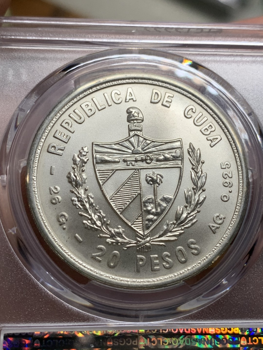 《竞宝斋》第98场-本周日，周一2场连拍（全场不限金额包邮） PCGS金盾 MS67 古巴1979年不结盟运动纪念20比索大银币