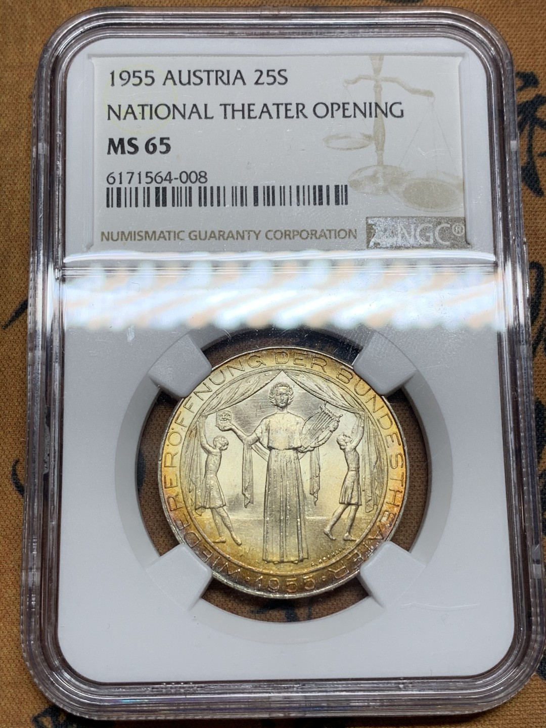 《竞宝斋》第98场-本周日，周一2场连拍（全场不限金额包邮） NGC MS65 奥地利 1955年 国家歌剧院 25先令 银币 炫金色包浆 非常漂亮