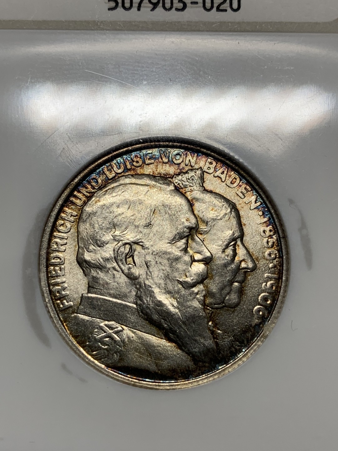 《竞宝斋》第98场-本周日，周一2场连拍（全场不限金额包邮） NGC-MS64 德国巴登1906年2马克银币，好题材金婚纪念马克，NGC老白盒，轻彩好品