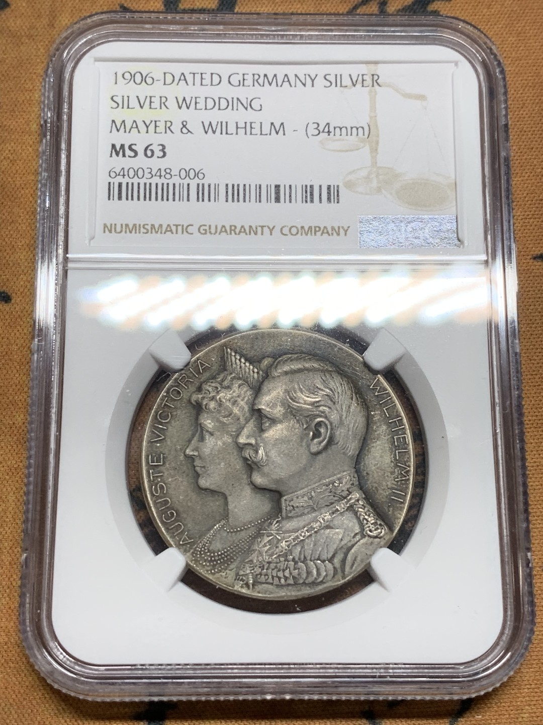 《竞宝斋》第98场-本周日，周一2场连拍（全场不限金额包邮） NGC MS63  1906年德国普鲁士威廉二世结婚25周年银婚纪念小天使 银章  原味包浆 难得好品好状态