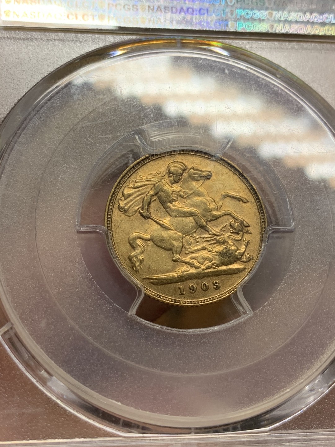 《竞宝斋》第98场-本周日，周一2场连拍（全场不限金额包邮） PCGS AU58 1903年 英国 爱德华七世 1/2索维林金币