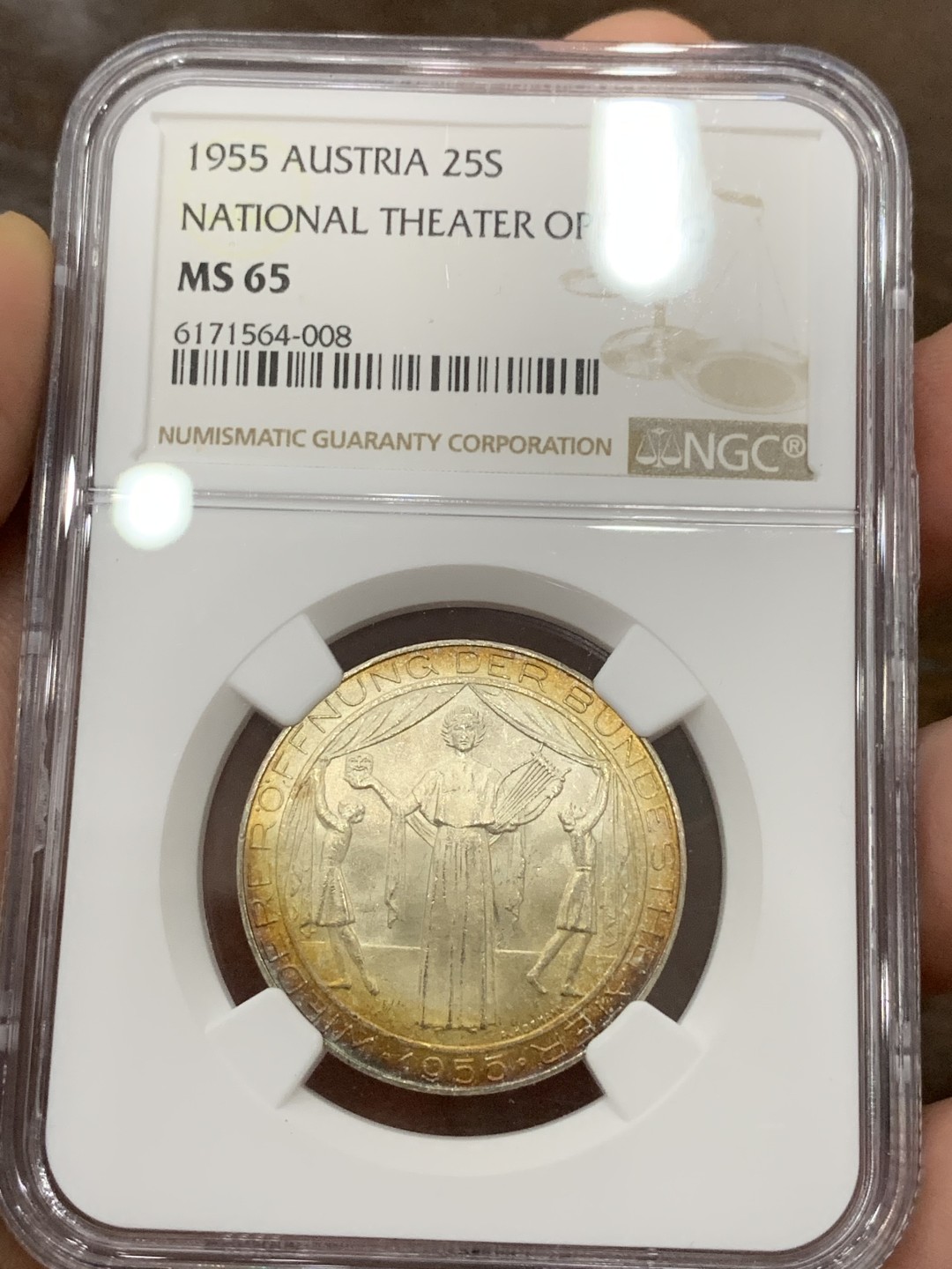 《竞宝斋》第98场-本周日，周一2场连拍（全场不限金额包邮） NGC MS65 奥地利 1955年 国家歌剧院 25先令 银币 炫金色包浆 非常漂亮
