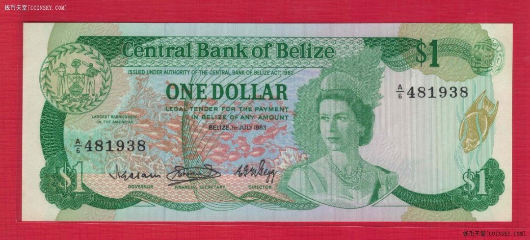 伯利兹(伯里兹)1983年1元 高冠女王 美洲纸币 P-46a  实物图 UNC