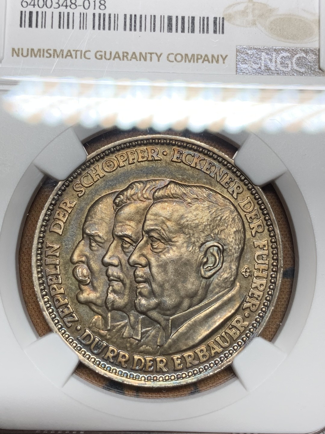 《竞宝斋》第98场-本周日，周一2场连拍（全场不限金额包邮） NGC MS64 1929年德国齐柏林飞艇环球飞行纪念银章 镜面底板 五彩包浆 品相状态完美