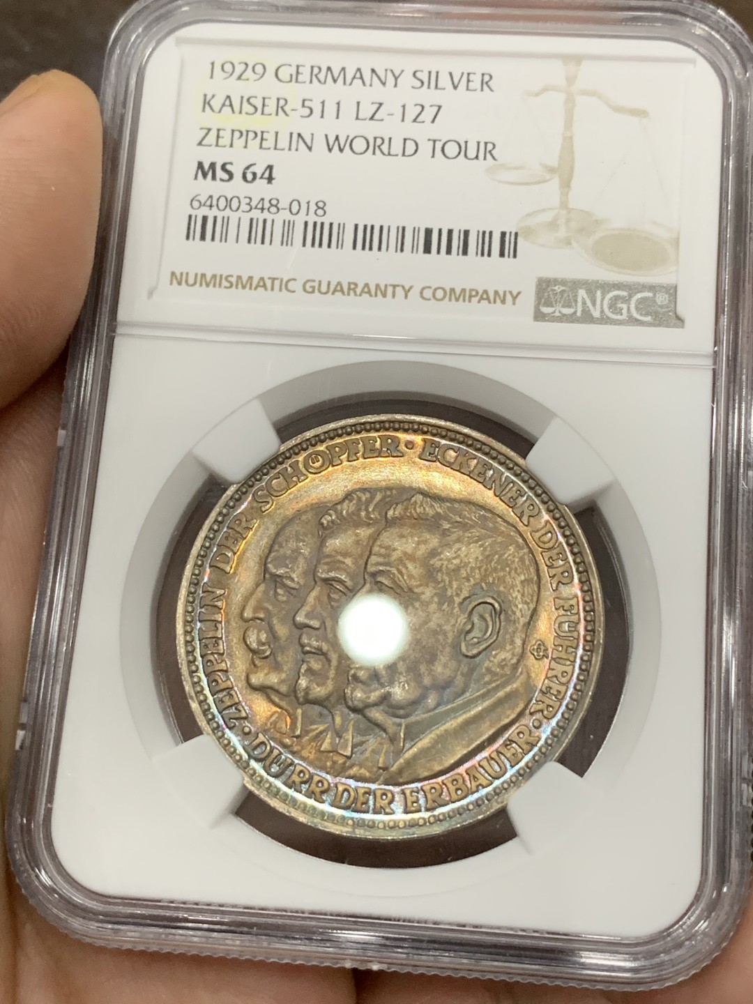 《竞宝斋》第98场-本周日，周一2场连拍（全场不限金额包邮） NGC MS64 1929年德国齐柏林飞艇环球飞行纪念银章 镜面底板 五彩包浆 品相状态完美