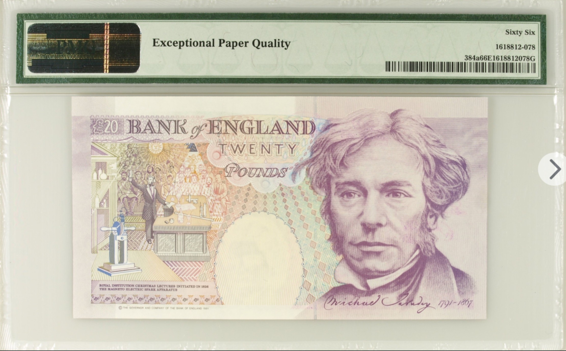 收藏联盟Quantum Auction 第194期——白金之夜 秋季拍卖 英国1991年20英镑 PMG66 A01首发冠千位号 物理学家法拉第