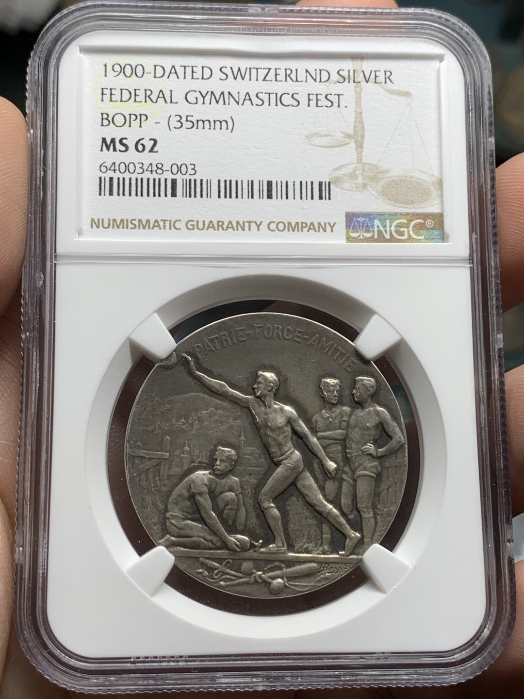 《竞宝斋》第98场-本周日，周一2场连拍（全场不限金额包邮） NGC MS62  1900年瑞士联邦体育节银章 稀少品种 形象生动