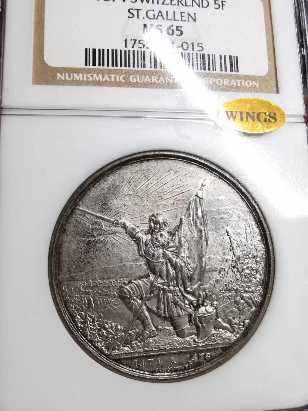 凡希社世界钱币微拍第二百十三期 荐！1874瑞士圣加仑射击节5法郎大银NGC-MS65收藏级！