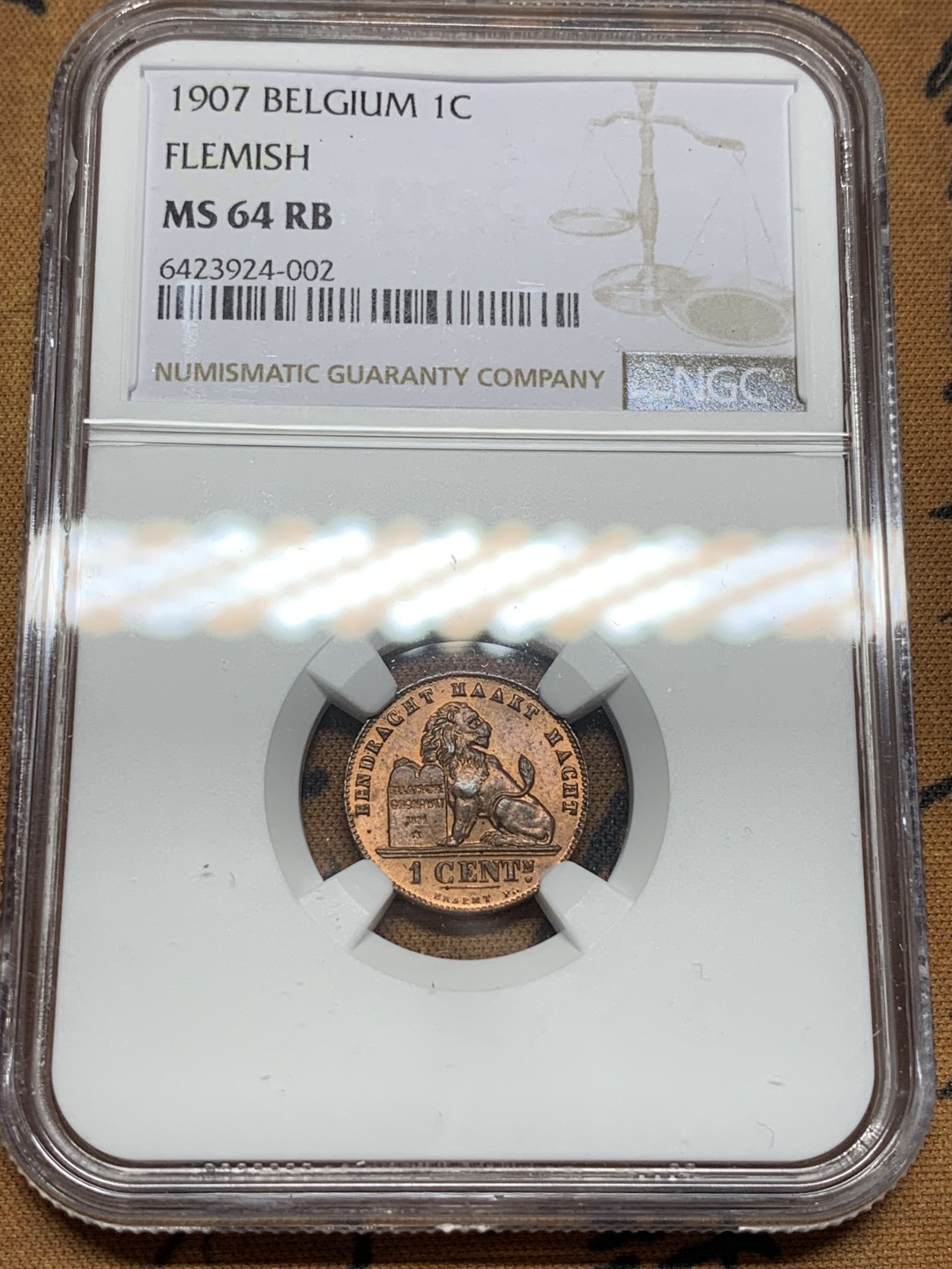 《竞宝斋》第98场-本周日，周一2场连拍（全场不限金额包邮） 亚军分 NGC-MS64 比利时1907年 雄狮1分铜币 铜色原光非常漂亮 