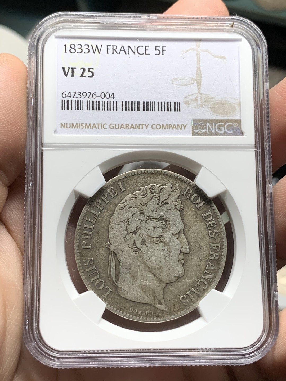 《竞宝斋》第98场-本周日，周一2场连拍（全场不限金额包邮） NGC-VF25 法国1833-W年 路易斯飞利浦一世5法郎大银币 原味好品 别看分数低 这也是第五名 早期年份出分不易