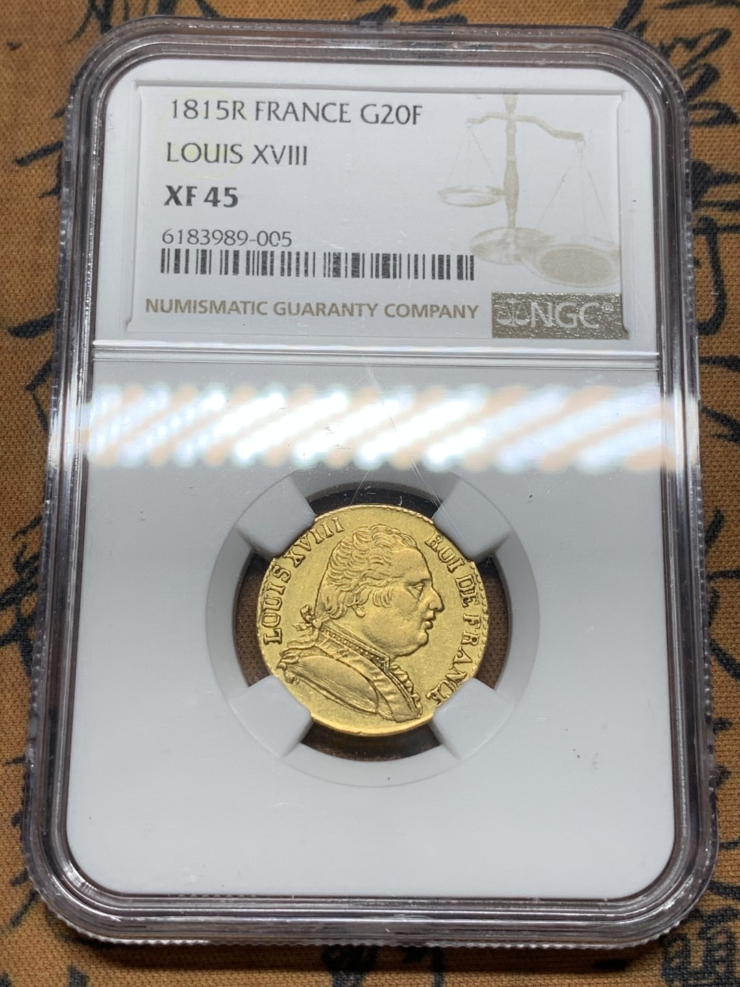 《竞宝斋》第98场-本周日，周一2场连拍（全场不限金额包邮） NGC-XF45 法国1815-R年 路易十八20法郎金币 这枚是稀少的伦敦造币厂铸造 