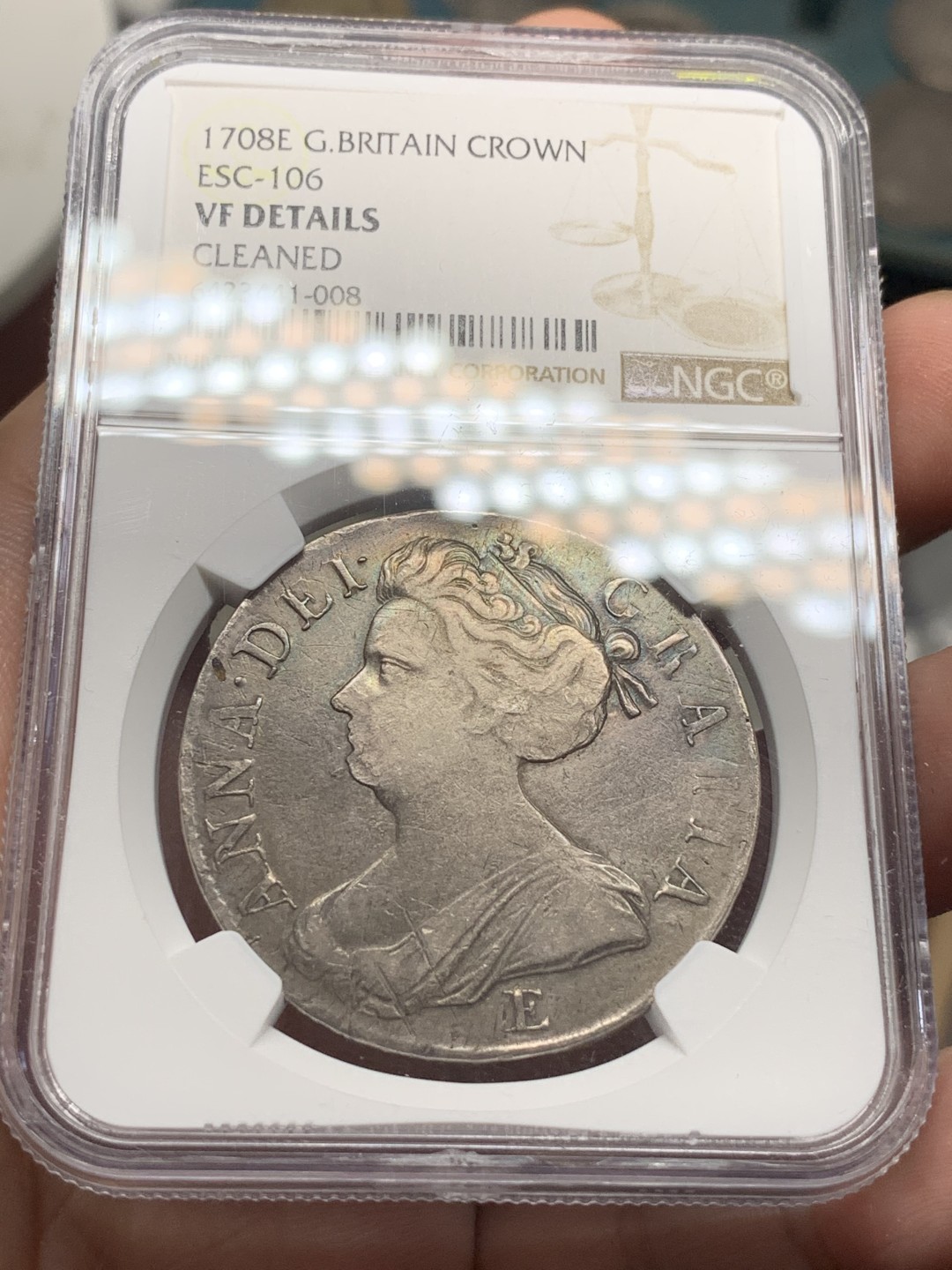 《竞宝斋》第98场-本周日，周一2场连拍（全场不限金额包邮） NGC-VFD 英国1708年E版安妮女王1克朗大银币 爱丁堡厂少见！持续涨价品种！