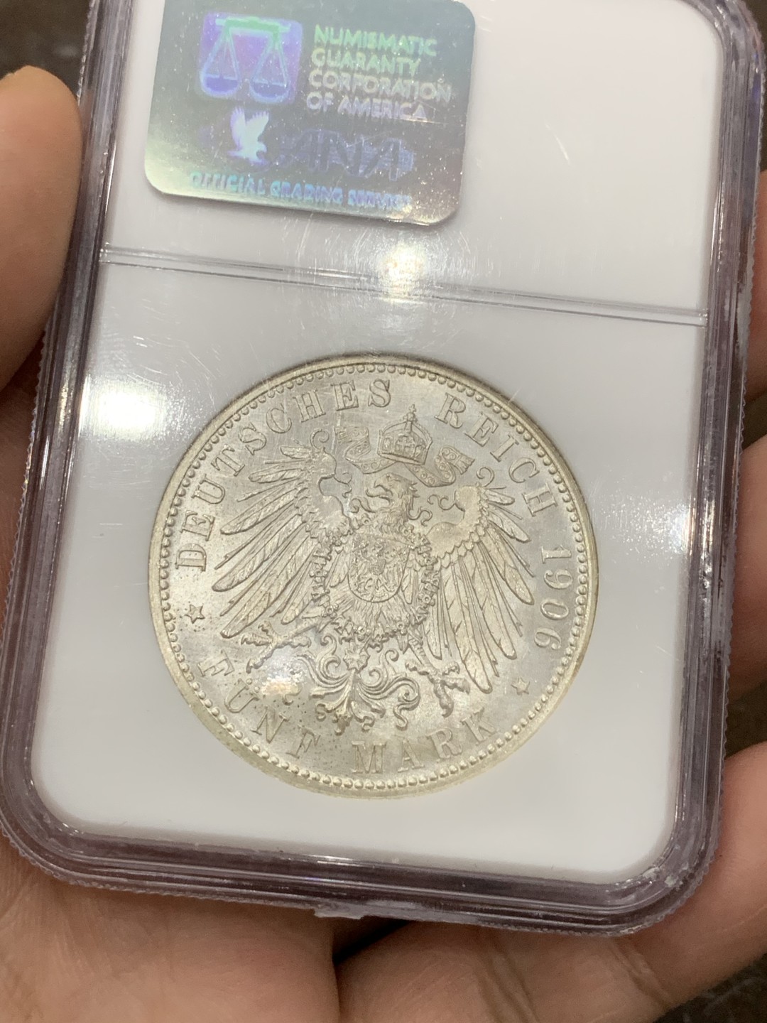 《竞宝斋》第98场-本周日，周一2场连拍（全场不限金额包邮） NGC-MS64 德国巴登1906年5马克银币，好题材金婚纪念5马克，NGC老白盒