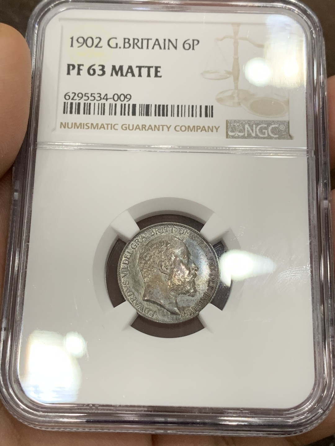 《竞宝斋》第98场-本周日，周一2场连拍（全场不限金额包邮） NGC PF63MATTE 深彩英国1902年爱七精制6便士银币