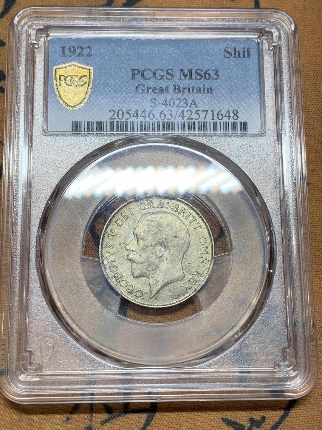 《竞宝斋》第98场-本周日，周一2场连拍（全场不限金额包邮） PCGS-MS63 英国 1922 乔治五世1先令 银币 原始包浆