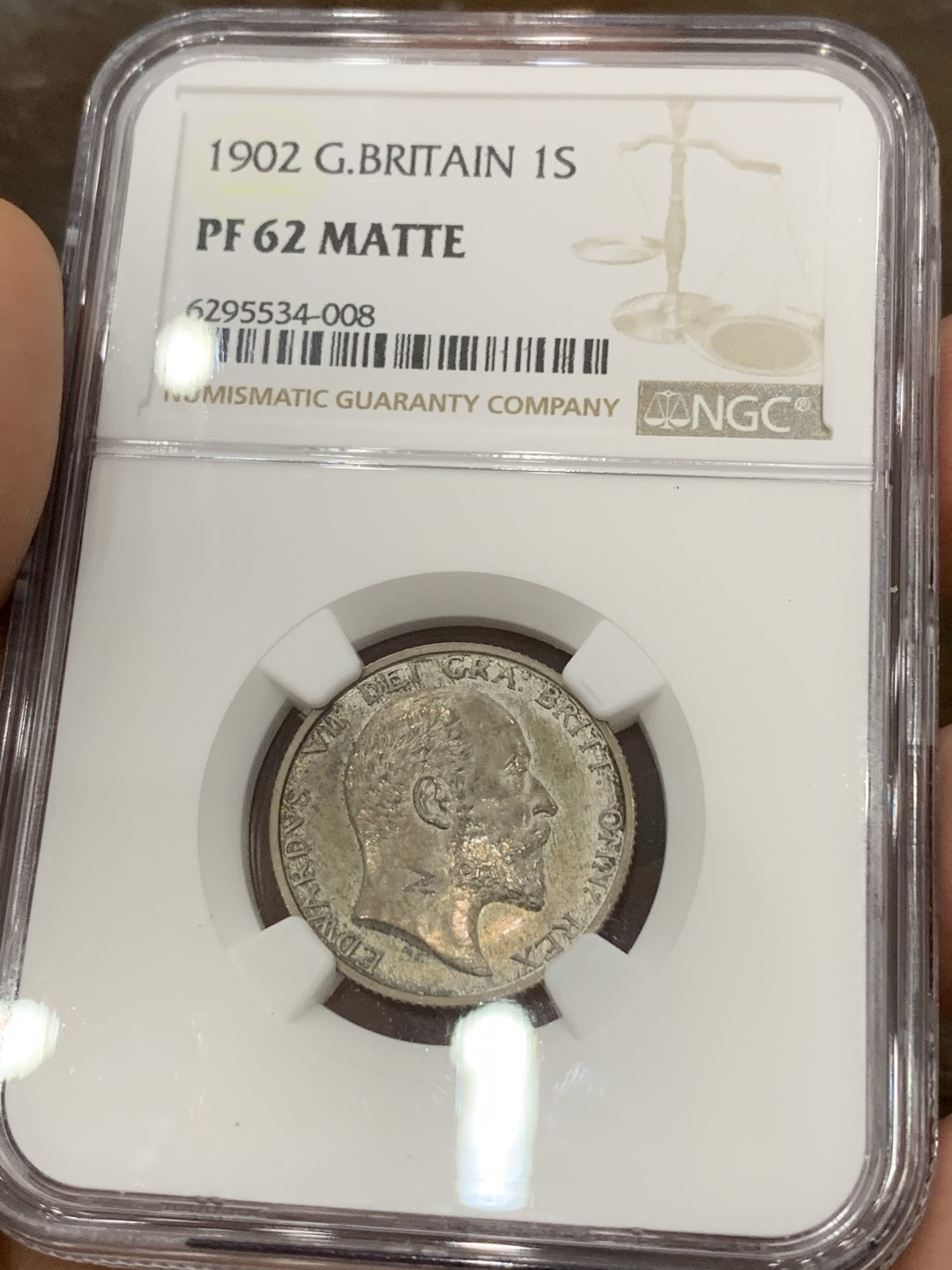 《竞宝斋》第98场-本周日，周一2场连拍（全场不限金额包邮） NGC PF62MATTE 深彩英国1902年爱七精制一先令银币