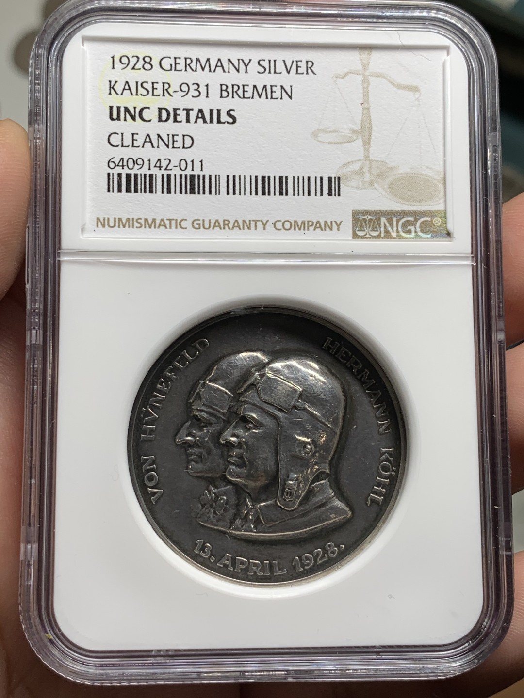 《竞宝斋》第98场-本周日，周一2场连拍（全场不限金额包邮） NGC UNC 德国1928年 不莱梅号 飞越大西洋纪念 银章 加厚盒装