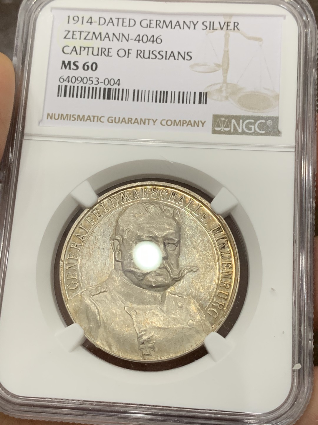 《竞宝斋》第98场-本周日，周一2场连拍（全场不限金额包邮） NGC MS60 德国 1914 卡尔哥茨设计一战兴登堡东线大捷纪念银章（马祖里湖基恩战役大胜）俘获80000俄军 非常稀少