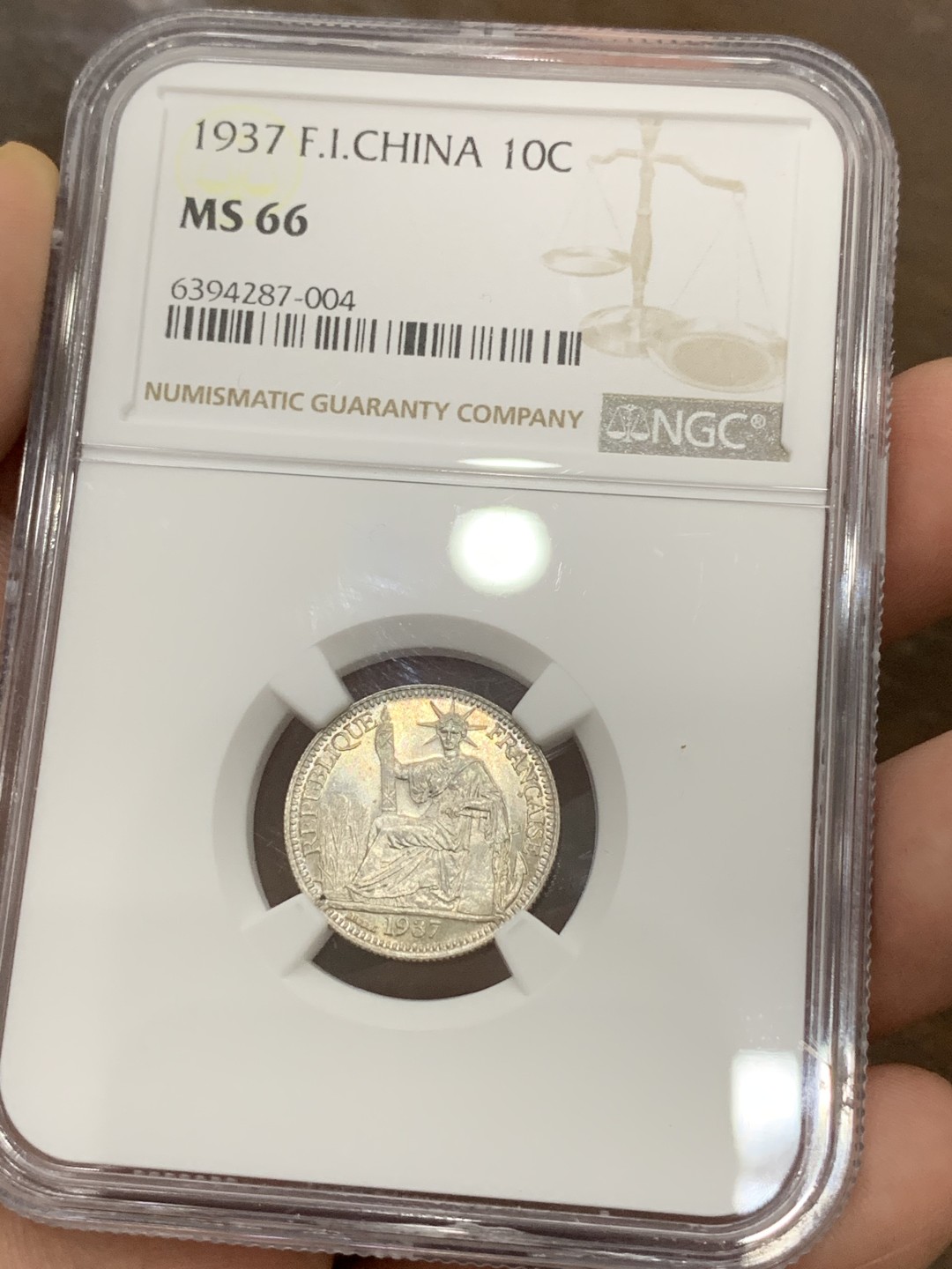 《竞宝斋》第98场-本周日，周一2场连拍（全场不限金额包邮） NGC MS66  法属印支   1937年 坐洋 10分 银币 顶级分数 不要错过