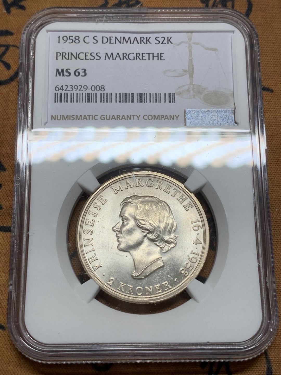 《竞宝斋》第98场-本周日，周一2场连拍（全场不限金额包邮） NGC-MS63 丹麦1958年 公主Margarita 2克朗银币 原光好品 少见品种