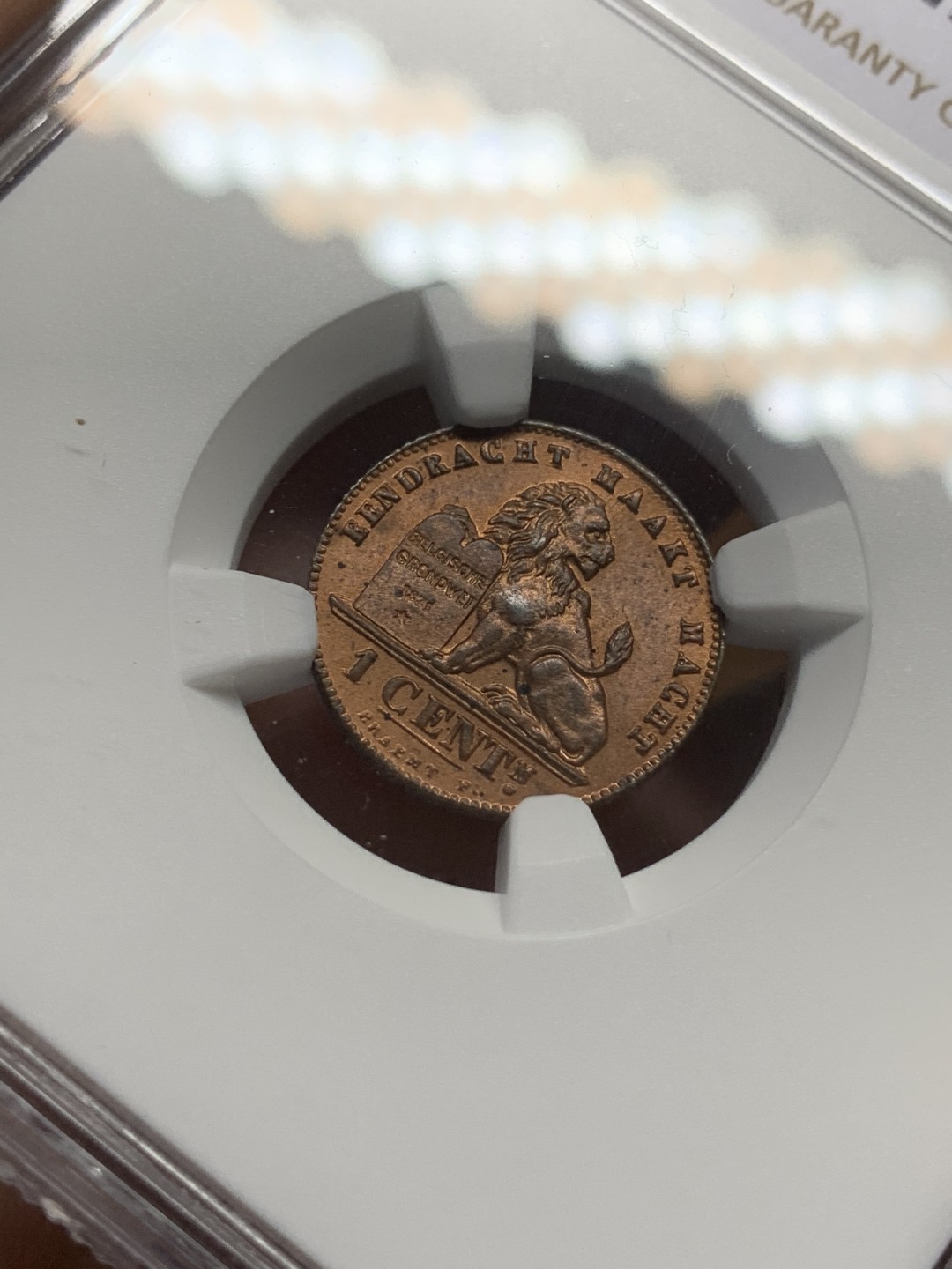 《竞宝斋》第98场-本周日，周一2场连拍（全场不限金额包邮） 亚军分 NGC-MS64 比利时1907年 雄狮1分铜币 铜色原光非常漂亮 