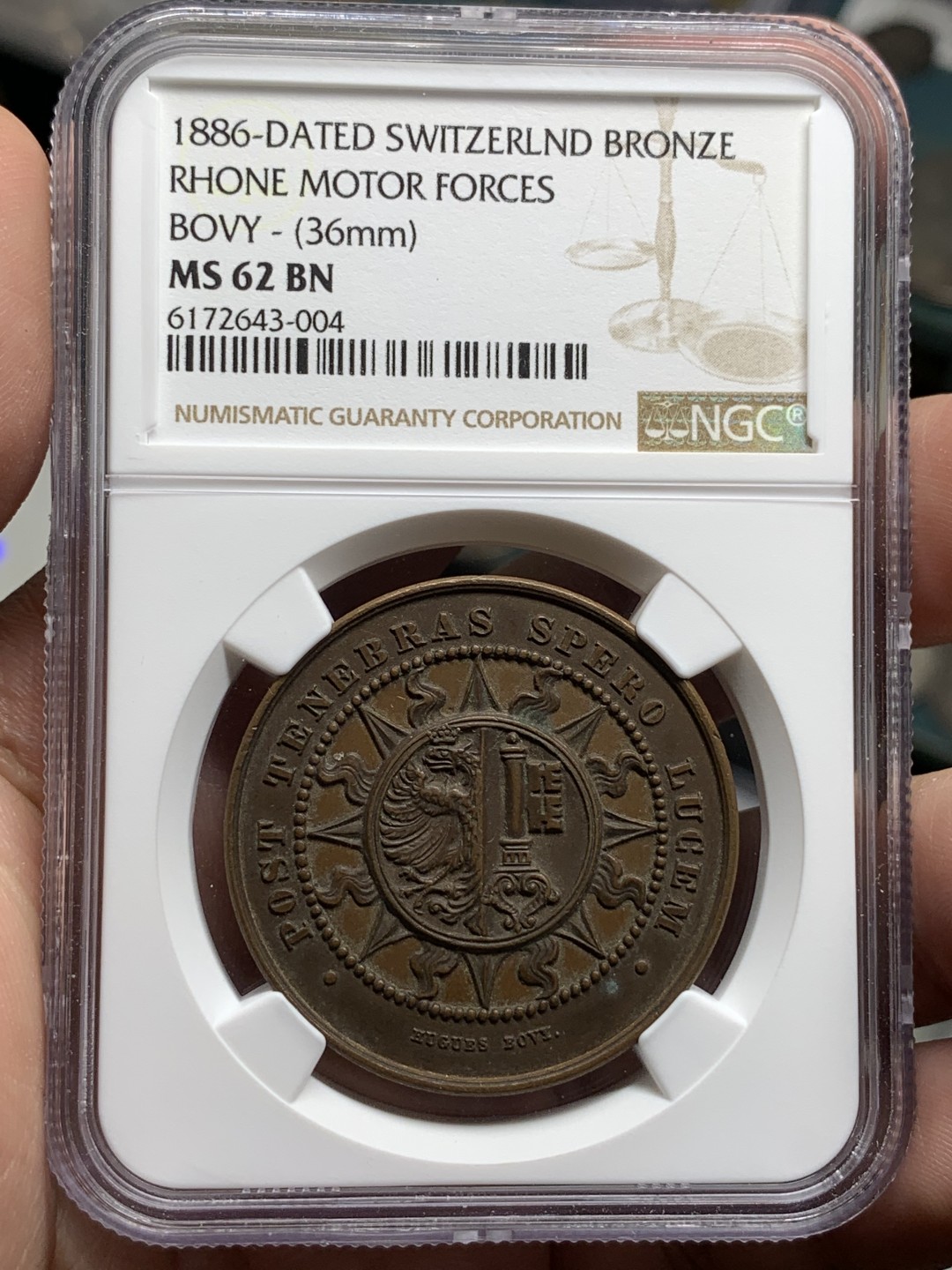 《竞宝斋》第98场-本周日，周一2场连拍（全场不限金额包邮） NGC-MS62BN 1886年瑞士日内瓦纪念铜章（少见，章面图案精美，巧克力包浆）