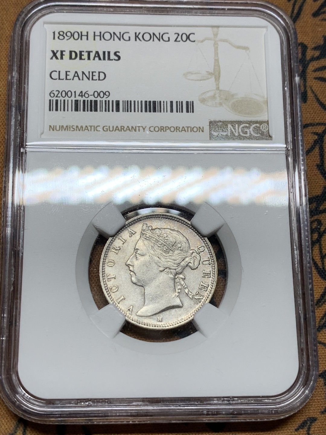 《竞宝斋》第98场-本周日，周一2场连拍（全场不限金额包邮） NGC XFD 香港1890年 维多利亚女王 贰毫 银币，H版 高点具在 发髻清晰