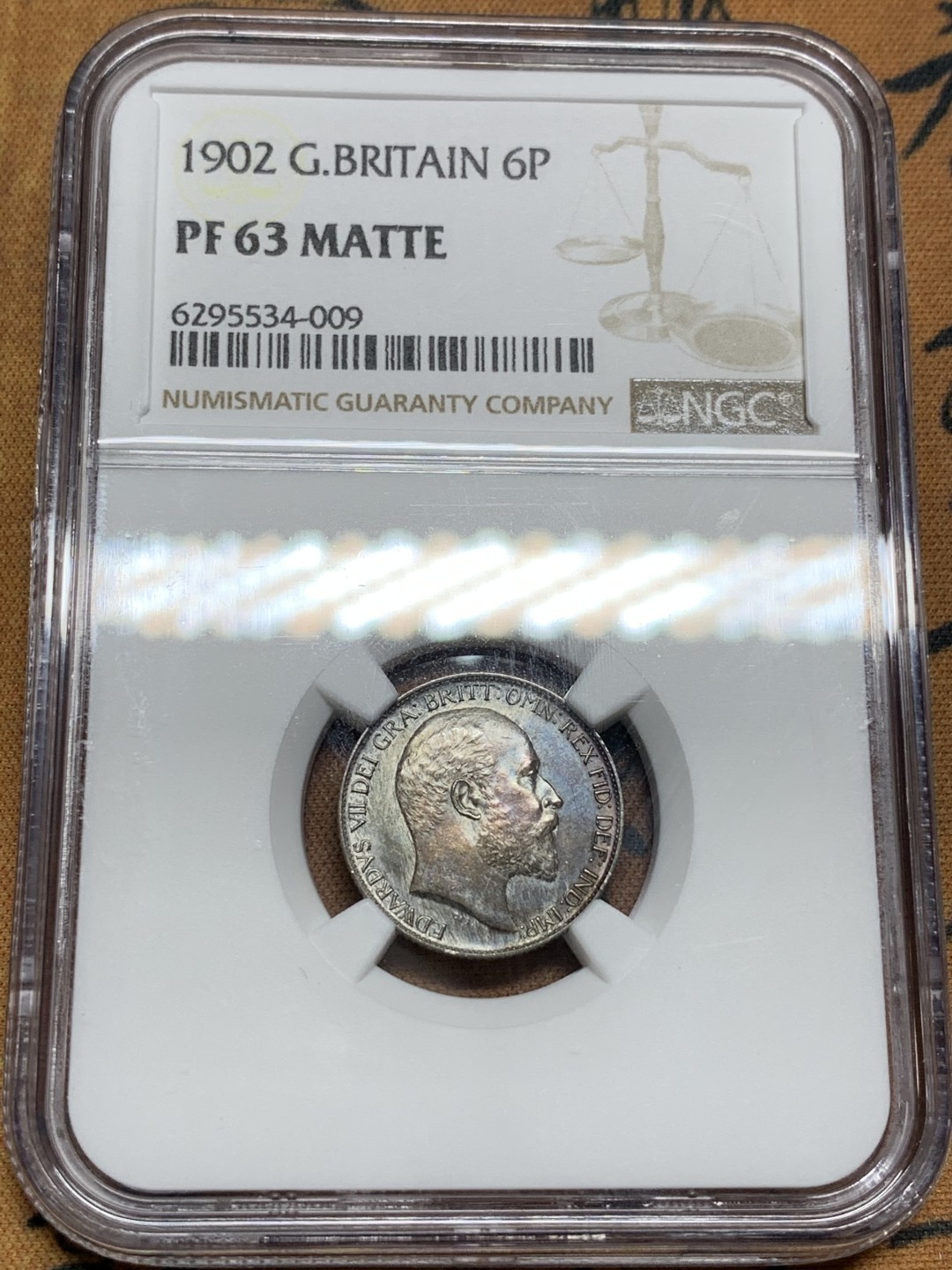 《竞宝斋》第98场-本周日，周一2场连拍（全场不限金额包邮） NGC PF63MATTE 深彩英国1902年爱七精制6便士银币